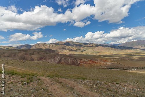 Altai Mars number one (multicolored mountains). Kyzyl Chin valley, also called as Mars valley. Chagan Uzun village, Altai republic, Russia.  photo