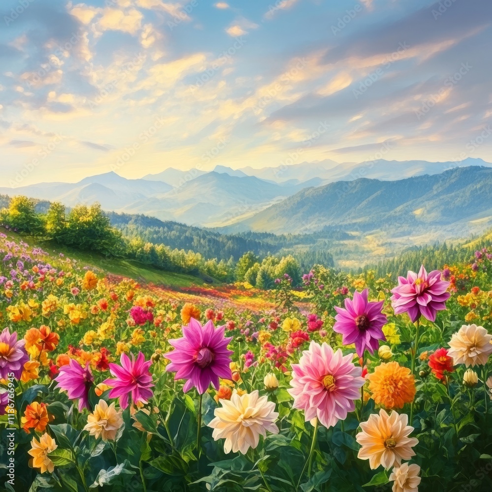 Obraz premium Dahlias bloom in summer's vibrant embrace.
