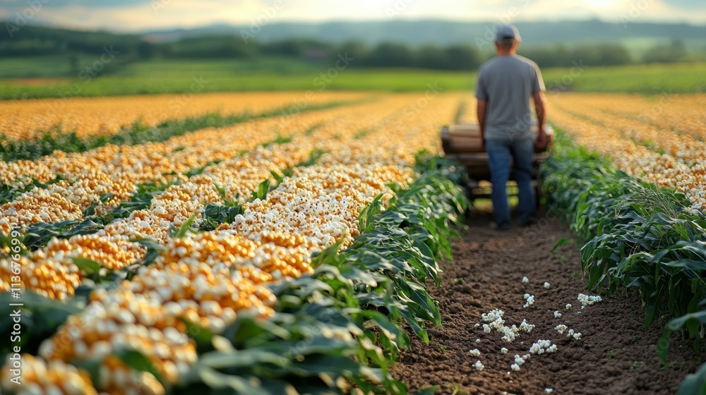 Farmer plowing a field of popcorn kernels corn kernels crunching beneath farmer's boots Isolated solo on plain background Farmer plowing a field of popcorn kernels corn kernels crunching beneath farmer's boots Isolated solo on plain background
