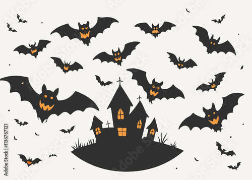 poster for happy halloween with bats flying around it white background