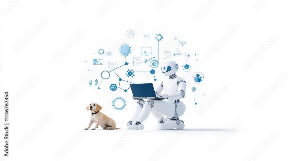 A robot is sitting in front of a laptop and a dog is laying on the ground A robot is sitting in front of a laptop and a dog is laying on the ground
