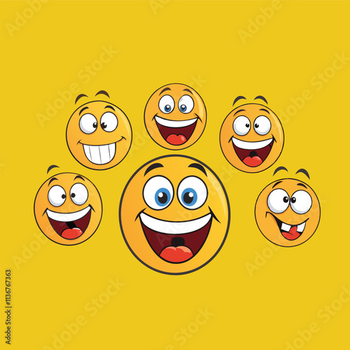 Cute and funny round faces with various emotions on the face Vector cartoon illustration isolated background.