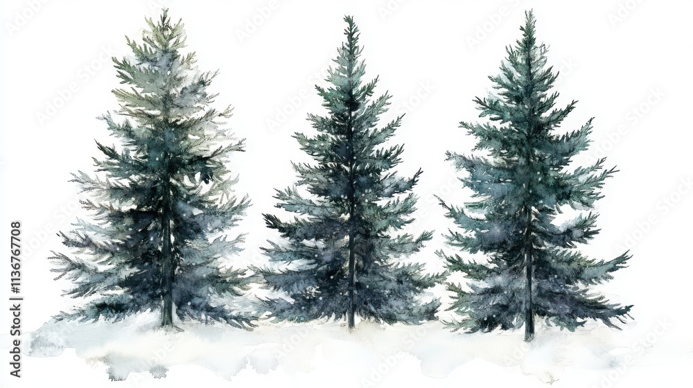 Obraz premium Watercolor Painting of Three Evergreen Trees in Winter Snow