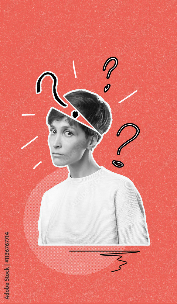 Vertical photo collage of woman and exclamation question mark isolated on painted background