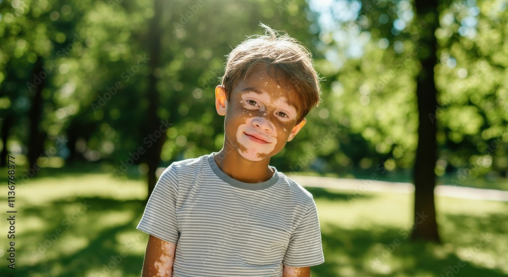 Joyful young caucasian boy with vitiligo smiling in a sunlit park setting Joyful young caucasian boy with vitiligo smiling in a sunlit park setting