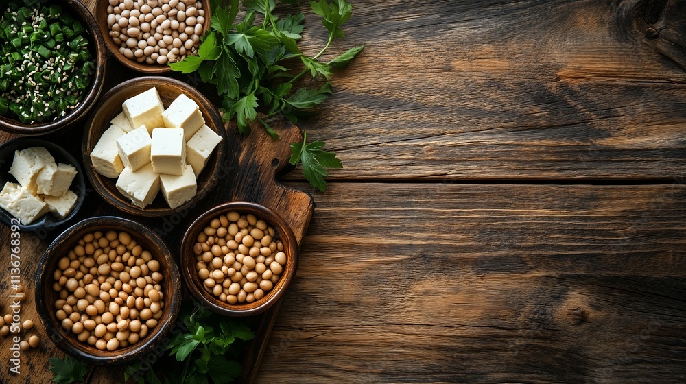 A rustic wood background displaying nutritious soy-based foods A rustic wood background displaying nutritious soy-based foods