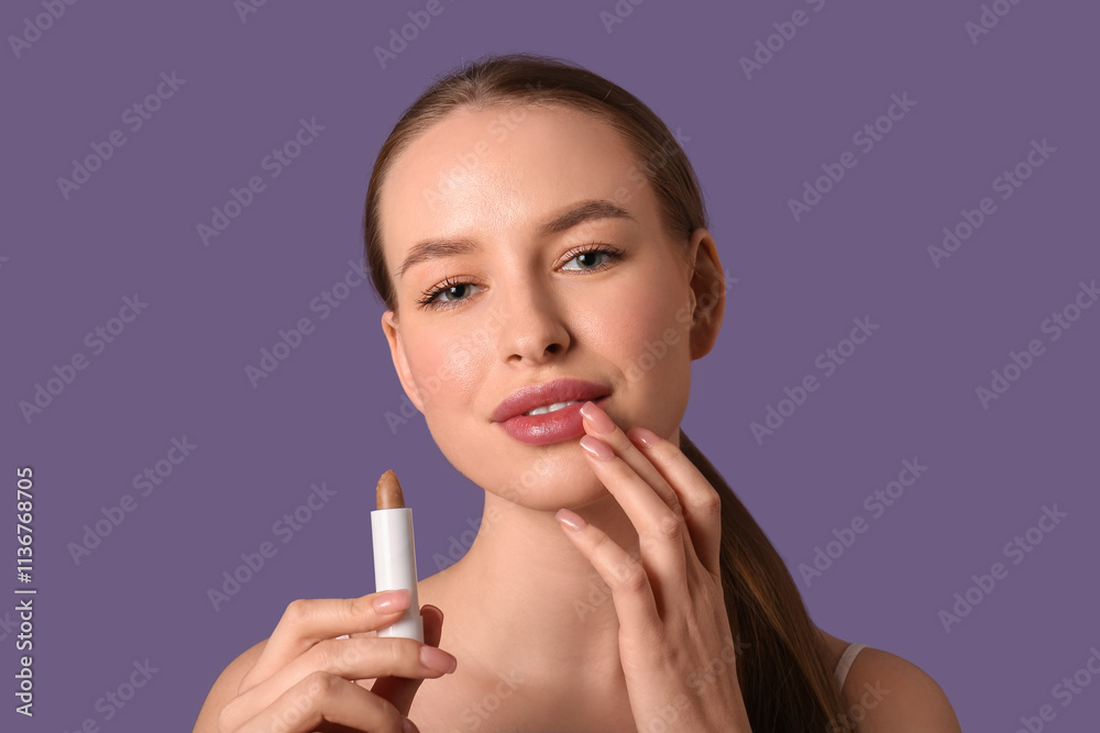 Beautiful young woman applying lip balm on purple background Beautiful young woman applying lip balm on purple background