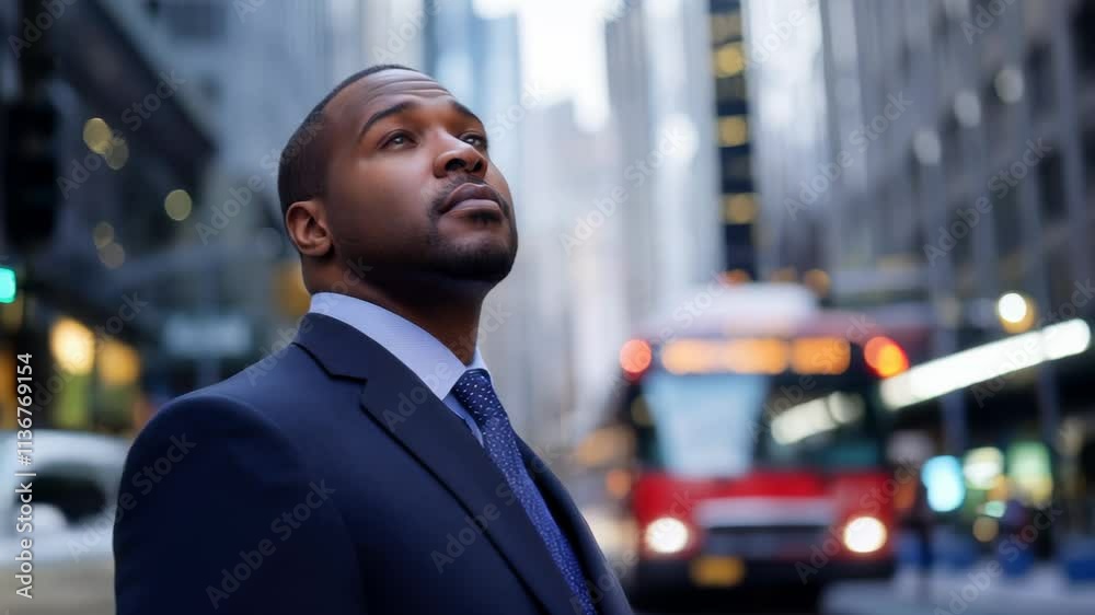A professional businessman in a suit gazes upwards on a city street with a red bus in motion.