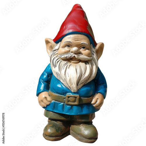 A charming garden gnome with a smile, isolated in white, white background, transparent background