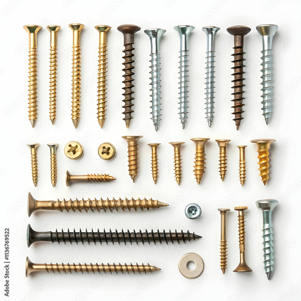 A flat lay of screws displays various sizes and types, organized neatly A flat lay of screws displays various sizes and types, organized neatly