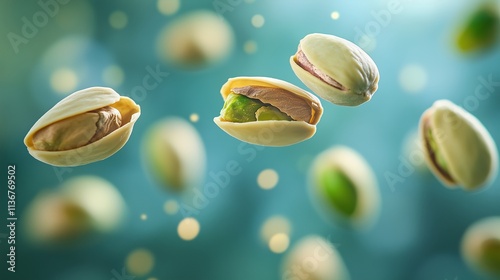 pistachios in mid-air, emphasizing their healthy, organic nature.