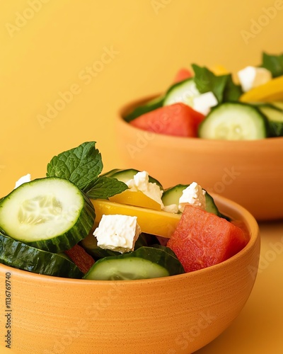 Bright summer salad featuring watermelon, cucumber, and vegan feta cheese photo