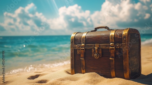 treasure chest on a beach, ocean background, sand, tropical scenery