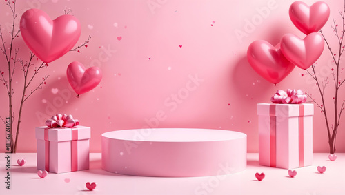 Happy Valentine Day background with cylindrical podium for promotion. Round stage for presentation sale product. Stage pedestal or platform in snow between pink hearts, pink gift boxes