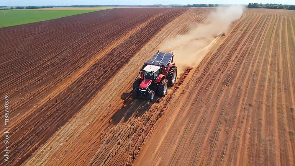 Solarpowered tractor plowing vast farmland with dust cloud trail in motion Solarpowered tractor plowing vast farmland with dust cloud trail in motion