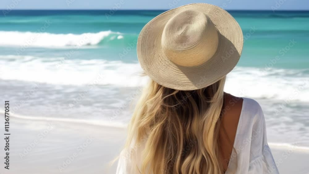 A blonde woman in a straw hat faces the beach with her long hair flowing with the breeze.