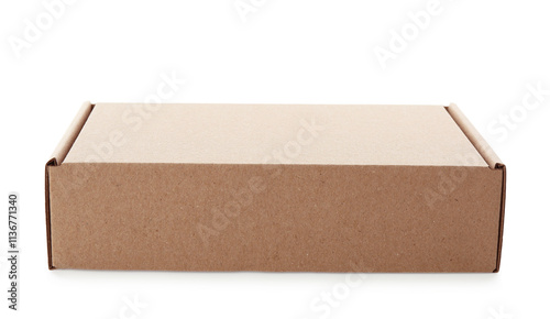 One closed cardboard box isolated on white. Mockup for design