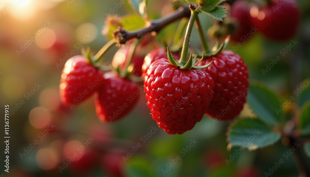 Ripe red raspberries on a branch in a lush green garden with a warm, sunny backdrop. Ripe red raspberries on a branch in a lush green garden with a warm, sunny backdrop.