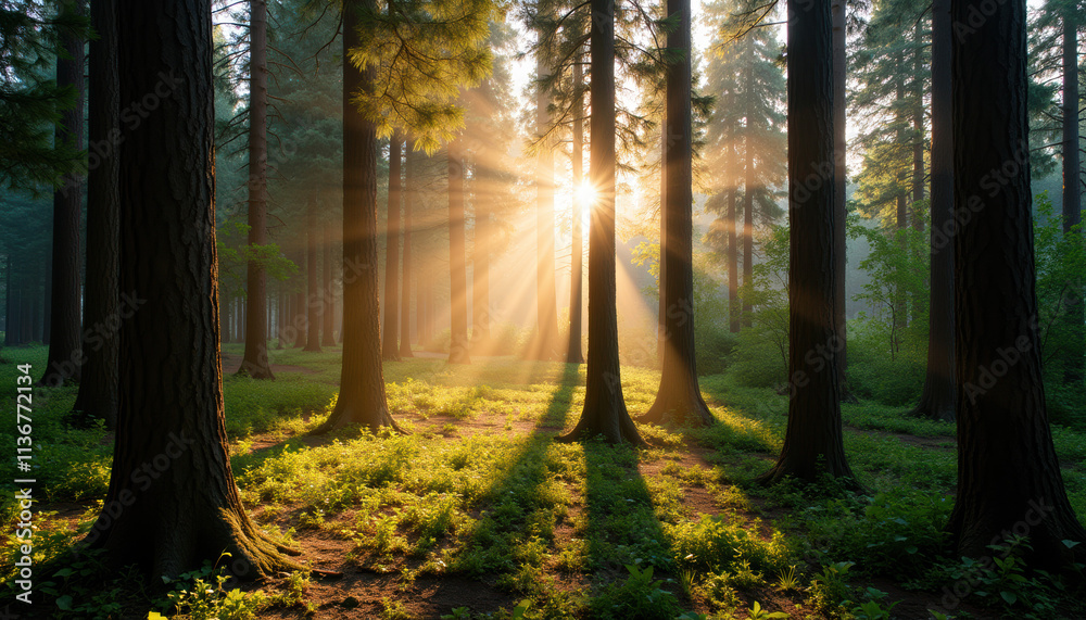 Obraz premium Sunrise in a Misty Forest: Golden Sunlight Beams Through the Trees