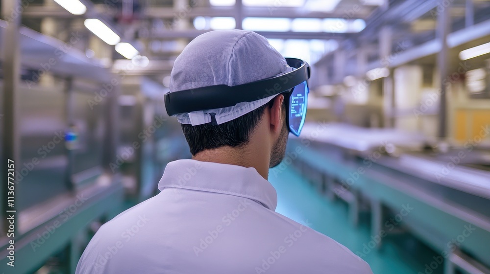 A Worker in a Modern Industrial Factory Wearing Virtual Reality Goggles A Worker in a Modern Industrial Factory Wearing Virtual Reality Goggles