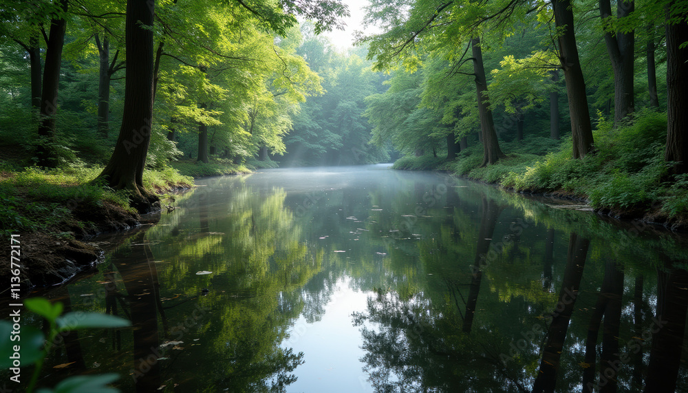 Serene Forest River: A Calm Stream Reflecting the Lush Greenery of a Peaceful Woodland Serene Forest River: A Calm Stream Reflecting the Lush Greenery of a Peaceful Woodland