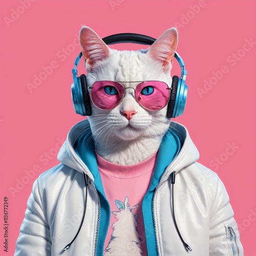 Generative AI illustration of fantasy character with cat head in sunglasses and headphones wearing white jacket listening to music against pink and blue background