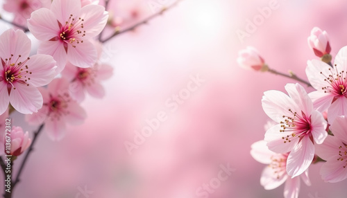 Pink cherry blossoms blooming in spring with a soft, delicate background
