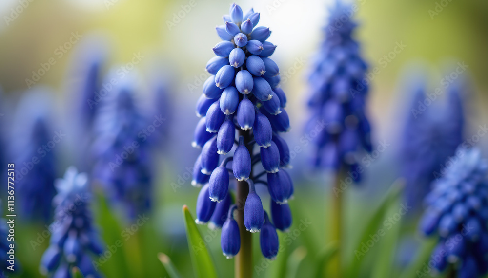 A stunning close-up of purple muscari flowers blooming in a spring meadow, creating a beautiful backdrop for text or design. A stunning close-up of purple muscari flowers blooming in a spring meadow, creating a beautiful backdrop for text or design.