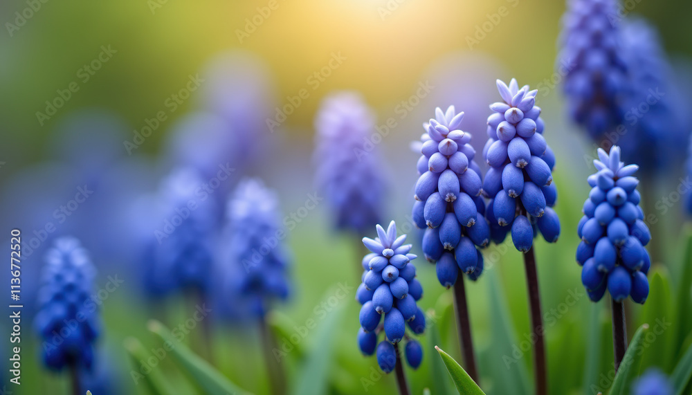A stunning close-up of purple muscari flowers blooming in a spring meadow, creating a beautiful backdrop for text or design. A stunning close-up of purple muscari flowers blooming in a spring meadow, creating a beautiful backdrop for text or design.