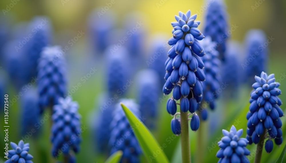 A stunning close-up of purple muscari flowers blooming in a spring meadow, creating a beautiful backdrop for text or design. A stunning close-up of purple muscari flowers blooming in a spring meadow, creating a beautiful backdrop for text or design.