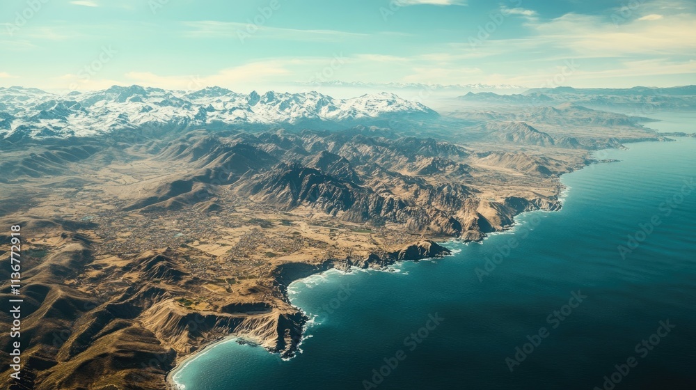 Fototapeta premium Aerial view of a dramatic coastline, where rugged mountains meet the deep blue ocean. The snow-capped peaks in the distance add a stunning contrast to the arid landscape.