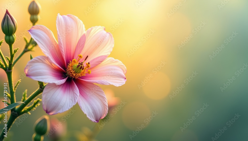 Fototapeta premium Pink flower in a field of flowers at sunset