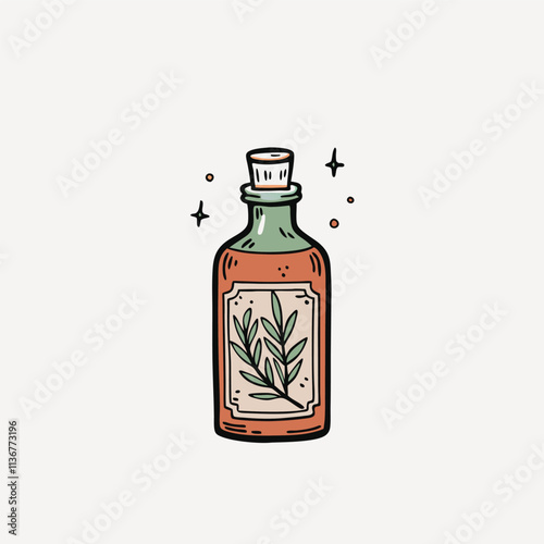 Old glass bottle with cork hand engraved. Black bottle with potion, decoction, tincture. Vintage jar with herbs, Vector illustration isolated on white background