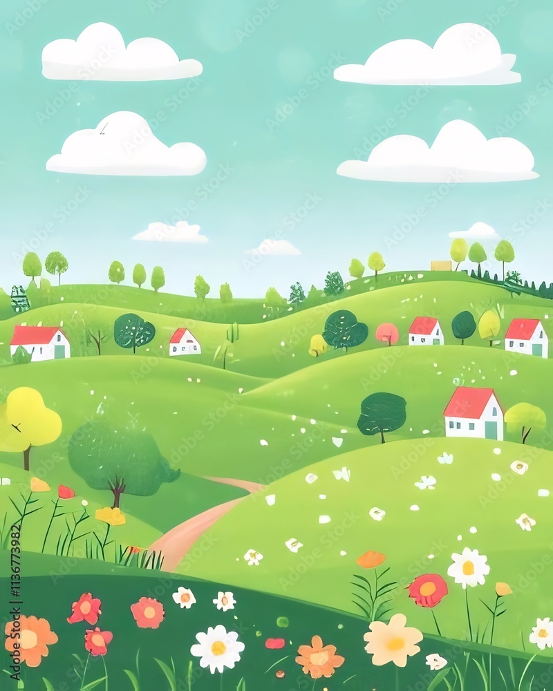 Idyllic spring landscape with rolling green hills, houses, flowers, and trees under a blue sky. Idyllic spring landscape with rolling green hills, houses, flowers, and trees under a blue sky.