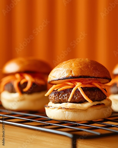 Handstyled vegan sliders with creative toppings and a smoky backdrop photo