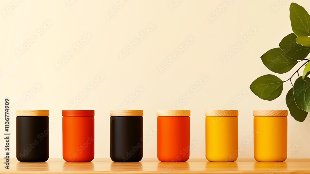 Fototapeta premium Minimalist kitchen counter with colorful vegan meal prep containers