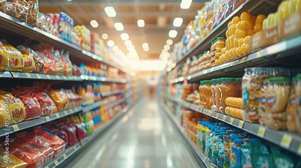 Fototapeta premium A grocery store aisle filled with colorful snacks and beverages.