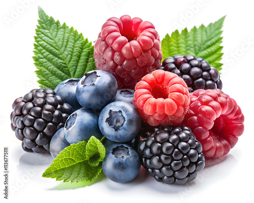 Wild Berries Mix – Raspberry, Blueberries, Blackberries Isolated on White Background with Full Depth of Field.