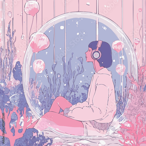 Girl listening to music next to aquarium lo-fi album cover	
