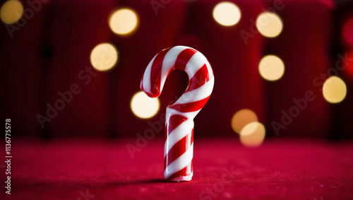 A classic candy cane with red and white stripes on the top view, set against a rich red backdrop, ideal for Christmas and holiday themes photo