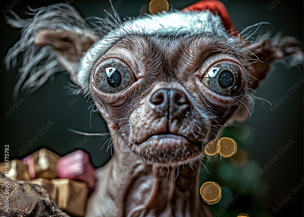 the dog in the world as Santa Claus, wearing a Santa hat ,to his left is a big sack with lots of presents, in the background a Christmas