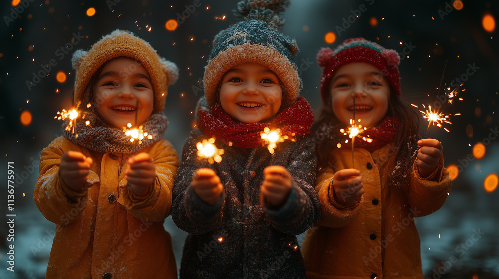 Group of Smiling Children Holding Sparklers for a Festive Winter Celebration

