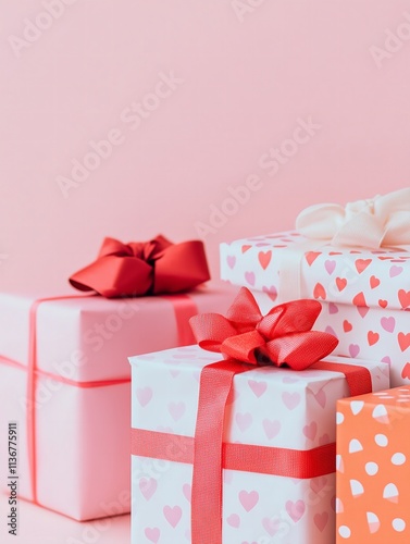 stack of presents wrapped in red heart print paper, copy space, pastel pink background, Valentines