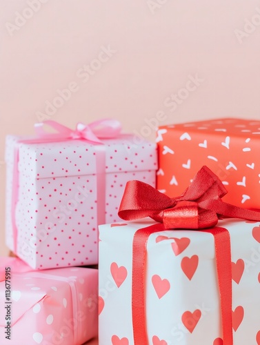 stack of presents wrapped in red heart print paper, copy space, pastel pink background, Valentines