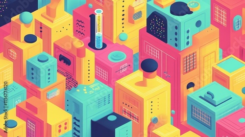 Colorful abstract cityscape with geometric high-rise buildings, vibrant urban illustration ideal for tech, architecture, city planning, creative projects, futuristic digital background with bright pa