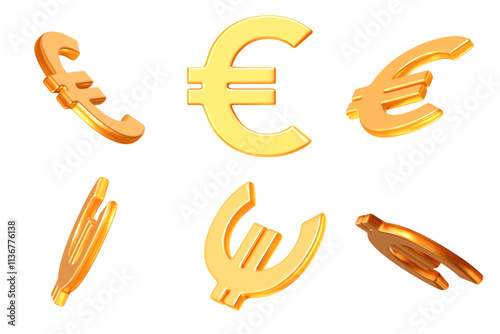 3D set of gold euro sign at different angles. The currency of the European Union. Stock vector illustration on an isolated background.