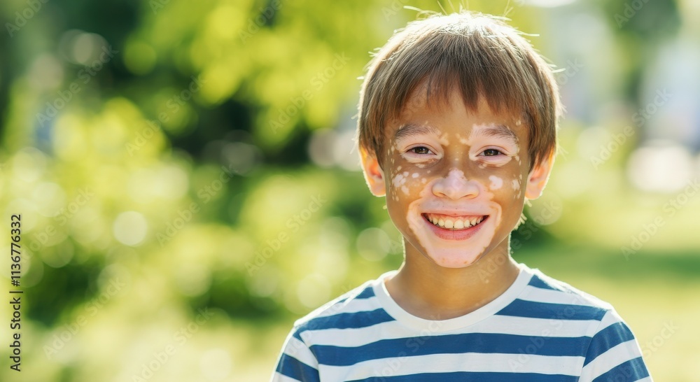 Young caucasian boy with vitiligo smiling outdoors in a nature setting Young caucasian boy with vitiligo smiling outdoors in a nature setting