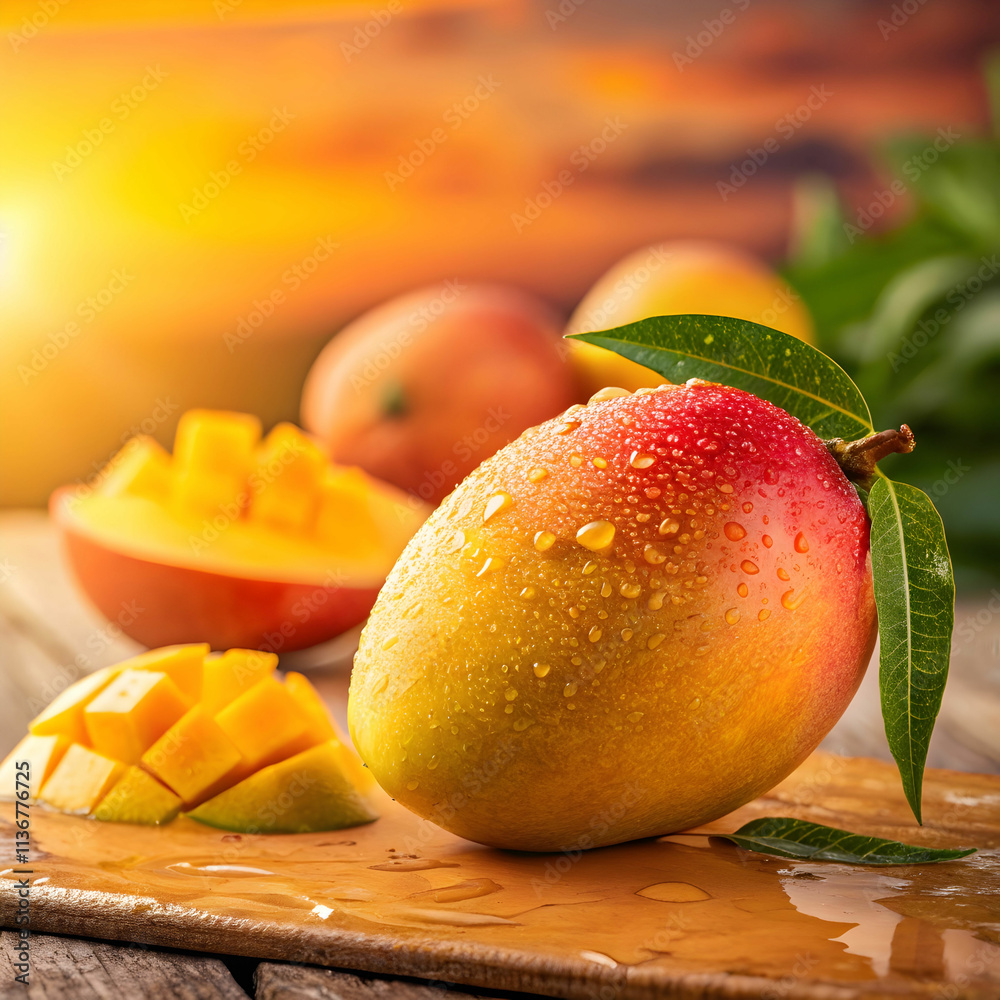 Mango is a sweet, juicy tropical fruit with smooth flesh, vibrant color Mango is a sweet, juicy tropical fruit with smooth flesh, vibrant color