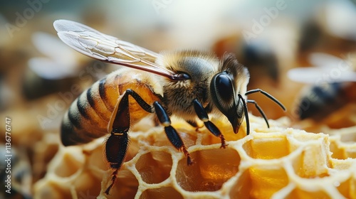 Bee lounging on a honeycomb raft bee sipping nectar from cells Isolated solo on plain background