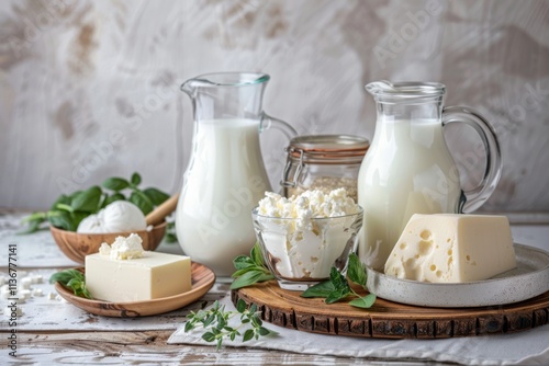 Dairy products on rustic wooden table. Assortment of most common fresh dairy products. Farmers market. From farm to table. Milk food group still life. Various kinds of cheese, butter and milk bottles photo